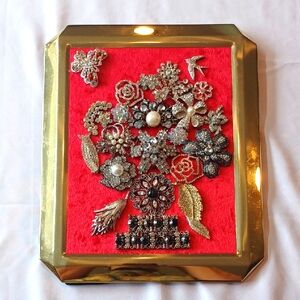 Floral Picture Art Gold Tone Frame With Red Minky Background